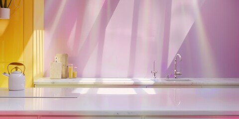 Poster - Pristine Minimalist Kitchen Countertop Bathed in Soft Morning Light, Highlighting Simplicity and Cleanliness
