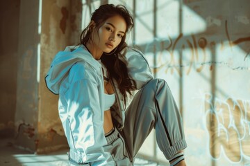 Lonely young woman sitting on the floor in an empty abandoned building wearing a hoodie and pants