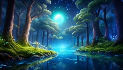 Wall Mural - A serene forest clearing bathed in soft moonlight, with towering trees and gentle shadows. 