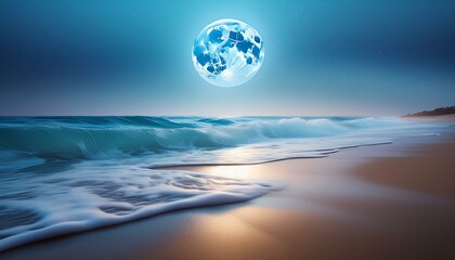 Wall Mural - A quiet beach with gentle waves under a full moon, with mist softly blurring the horizon.