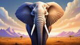 Fototapeta  - A wise elephant with a gentle, proud smile, standing in front of a calm savannah landscape 