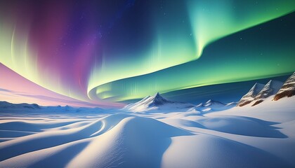 Wall Mural - The Northern Lights dance across the sky over a smooth, snowy landscape. The uniform white
