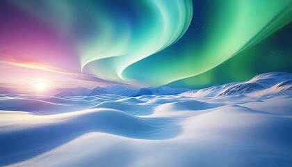 Wall Mural - The Northern Lights dance across the sky over a smooth, snowy landscape. The uniform white