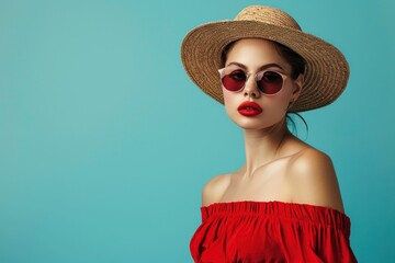 Wall Mural - Elegant woman in red dress and straw hat posing against vibrant blue background in studio photo shoot portrait concept