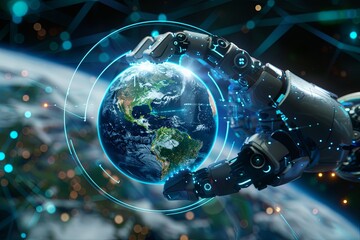 Poster - An artificial intelligence robotic hand holds a globe in the air, symbolizing global communication technology and advancement