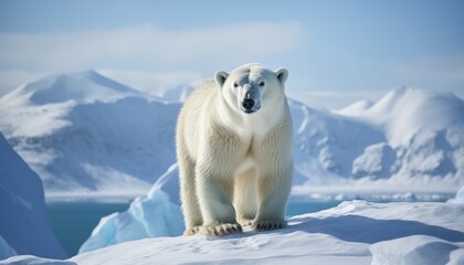 polar bears walks in extreme winter weather, standing above snow with a view of the frost mountains