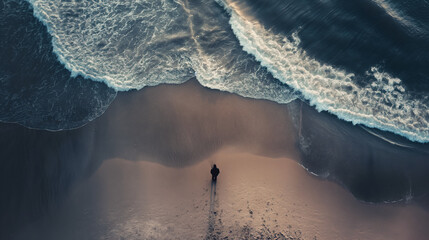 Wall Mural - Aerial view of solitary person standing on beach as waves crash onto shore. Evening light casts long shadows creating a dramatic and serene scene