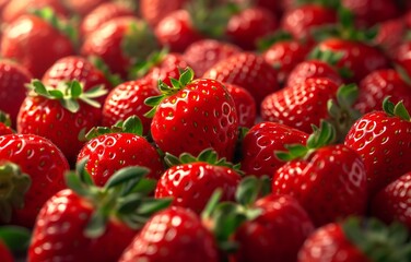 A close-up view of a large number of beautiful and red fresh farm strawberries in a basket for sale or business