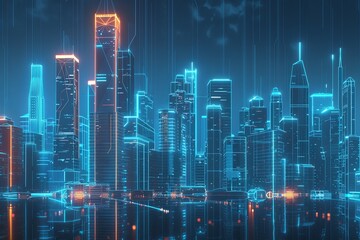 Poster - A futuristic city with towering skyscrapers illuminated by vibrant neon lights, creating a modern and dynamic urban landscape
