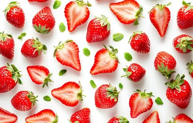 Wall Mural - Strawberries whole and cut top view. Fresh big red strawberry isolated on white background.