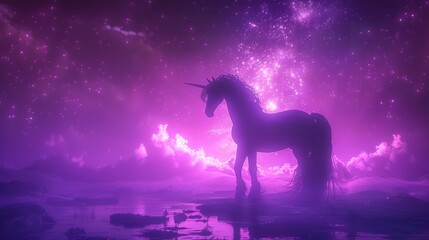 Glowing Purple Unicorn with Sparkling Particles Silhouetted Against Starry Night Sky