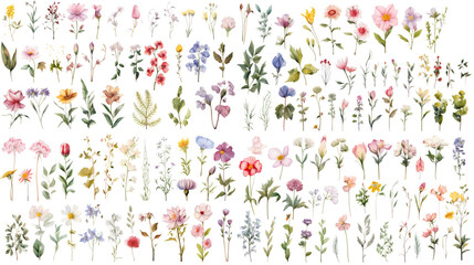 Wall Mural - set of watercolor wildflowers painting isolated on clear png background and transparent background. 