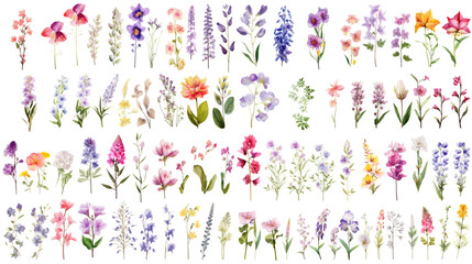 Wall Mural - set of watercolor wildflowers painting isolated on clear png background and transparent background. 