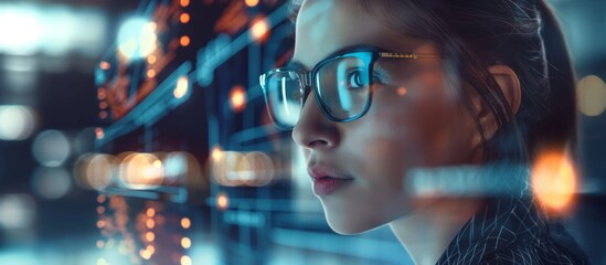 Poster - A woman wearing glasses is deeply engrossed in analyzing data displayed on a hightech futuristic screen, showcasing her professional focus and techsavvy skills in a modern workplace