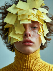 A man's face covered with yellow post-its. Person with sticky notes all over his face on white background