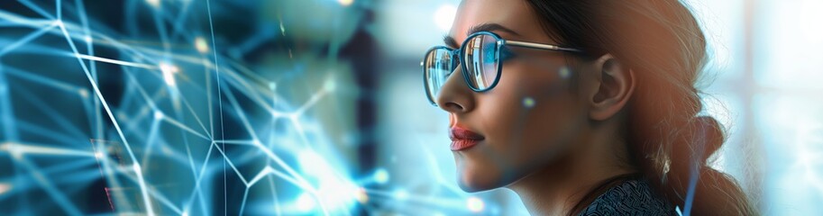 Poster - In a hightech environment, a woman with glasses concentrates on analyzing data using a futuristic digital interface, reflecting light. She embodies innovation and advanced technology