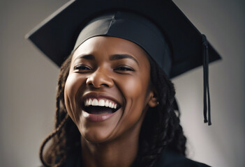 portrait of a young black woman in cap and gown laughing, isolated white background
