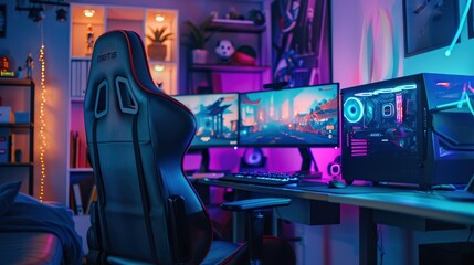 Wall Mural - Room with purple and blue lighting. There is a gaming chair in front of a desk with three computer monitors, a keyboard, and a mouse. There are posters and figurines on the walls.