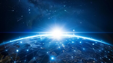 Aufkleber - Global network connection seen from space, lit by sunlight, symbolizing interconnected digital world and future of technology. Earth view shows global communications and advanced technology potential