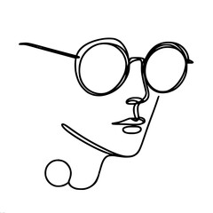 Wall Mural - business woman silhouette, face with round glasses, one line vector drawing