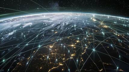 Aufkleber - Global Network Connections Planet Earth seen from Space with Digital Data Interchange, showcasing interconnected technology and future connectivity through satellites and advanced networking