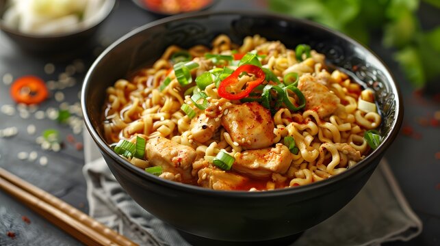 A bowl of ramen noodles with chicken, green onion and red chile sits in an Asian restaurant setting, in the style of an Asian restaurant.
