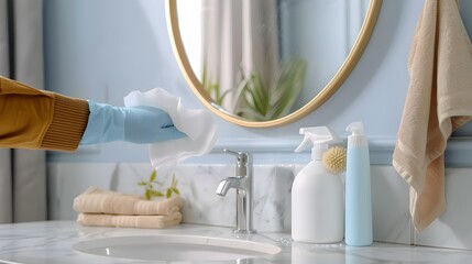 Wall Mural - A Bathroom Mirror's Renewal: From Smudged to Crystal-Clear