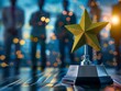 © ontsunan - Closeup of a star trophy with reflections of smiling faces, blurred business environment in the background
