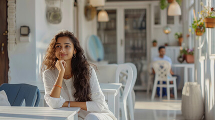 young indian woman sitting at restourant and thinking