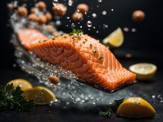 Wall Mural - Fresh salmon fillet for steak, cinematic food photography, studio lighting and background