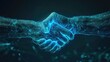 © OP38Studio - Digital handshake on blue technology background. Abstract two hands in lines, connected dots, and triangles, Business partnership concept, generative ai