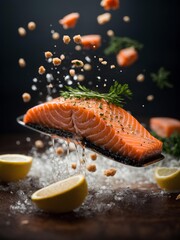 Wall Mural - Fresh salmon fillet for steak, cinematic food photography, studio lighting and background
