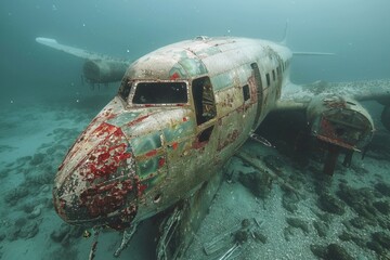 Wall Mural - Sunken old plane at the bottom of the sea