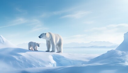 Polar bears walks in extreme winter weather, standing above snow with a view of the frost mountains