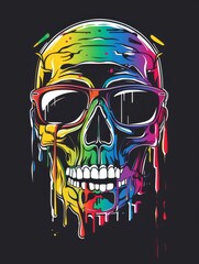 Wall Mural - A skull with rectangular glasses, rainbow slime dripping from the mouth, in the style of sticker art, vector style, black background