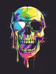 Wall Mural - A skull with rectangular glasses, rainbow slime dripping from the mouth, in the style of sticker art, vector style, black background