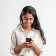 © Niks Ads - young indian woman holding smart phone on white background