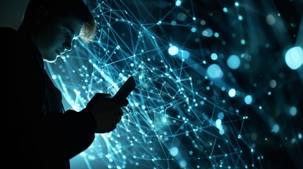Poster - A young professional is seen using a smartphone with a stateoftheart digital interface. The interface is illuminated with blue lights, creating a futuristic and innovative atmosphere