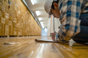 Engineer inspects bamboo flooring, highlighting renewable resources and environmentally conscious building practices.