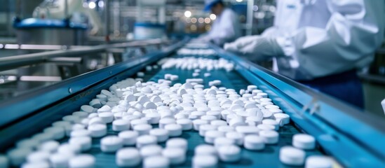 Poster - at a modern manufacturing facility, the pharmaceutical tablet production line process is meticulousl