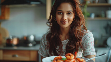 young indian woman holding shrimp plate