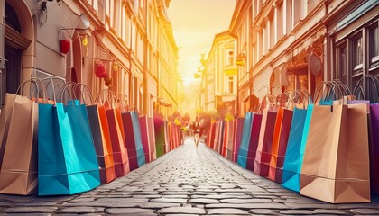 Wall Mural - shopping bags in the street, person in the street, woman walking in the city, Stylish woman in vintage clothes walking on road with many shopping bags. Big city life, europe. Contemporary art collage.