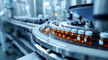 Poster - In a pharmaceutical manufacturing line, medicine bottles move along a conveyor belt, demonstrating automation, efficiency, and modern technology for drug production in the healthcare industry
