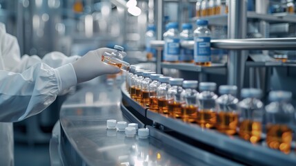 Poster - a modern cleanroom facility houses a pharmaceutical production line where technicians handle vials o