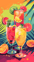 Poster - illustrations depicting colorful summer cocktails and beverages, set against a vibrant background for print on demand barware and coasters.