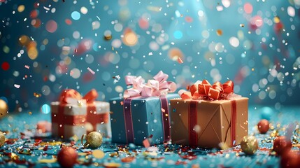 The background is blue, with three gift boxes of different sizes and colors on the ground covered in confetti.
