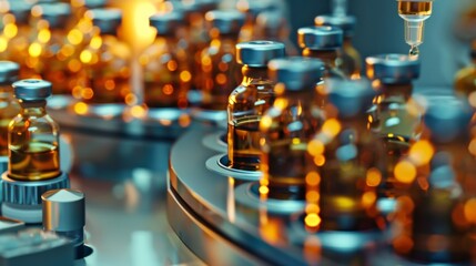 Poster - the pharmaceutical bottling line consists of glass vials and automated machinery used in drug manufa