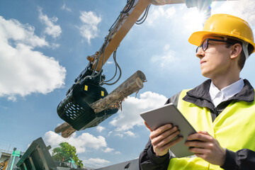 Poster - Worker with digital tablet controls process of loading timber.