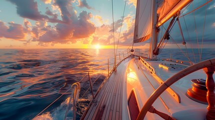 Wall Mural - The view from the deck of an elegant sailboat, with a colorful sunset sky and calm ocean waters in the background.
