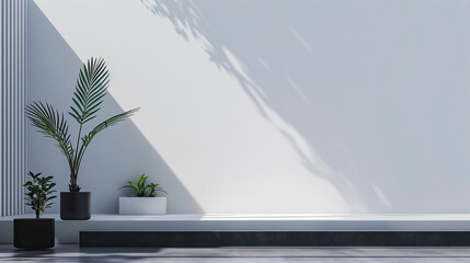 Poster - A modern office building with palm trees and a sleek interior